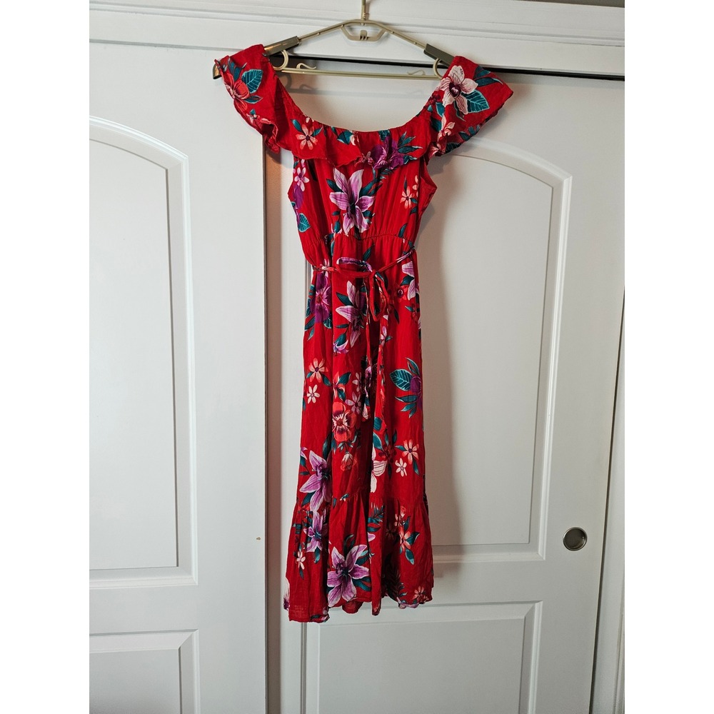 Old Navy Off Shoulder Midi Dress Medium Red Floral Tropical Vacation Resort